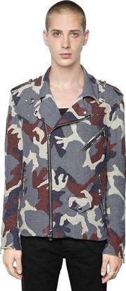 Camouflage Printed Linen Biker Jacket 