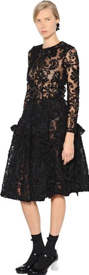 Ruffled Chenille Embroidered Tulle Dress 