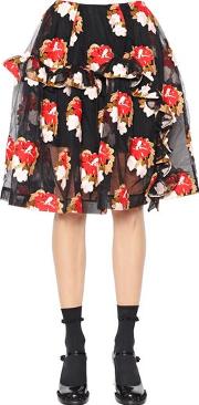 Ruffled Floral Embroidered Tulle Skirt 