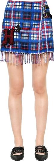 Plaid Fringed Wool Blend Mini Skirt 