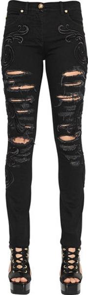 Embroidered Ripped Skinny Denim Jeans 