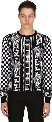 Greek Motif Checkered Jacquard Sweater 