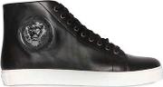 Metal Lion Leather High Top Sneakers 