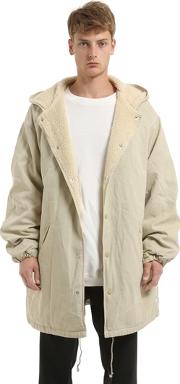 Eco Shearling Lined Cotton Canvas Parka 