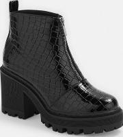 Black Croc Texture Chunky Heeled Ankle Boots