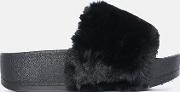 Black Faux Fur Flatform Sliders