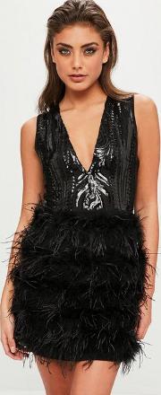 Black Sequin Feather Plunge Dress 