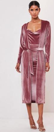 Blush Velvet Midi Dress And Kimono Jacket Co Ord Set