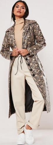 Brown Snake Print Button Through Trench Coat