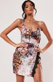 Floral Leopard Print Satin Wrap Mini Dress