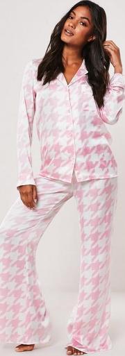 Petite Pink Houndstooth Satin Pyjama Bottoms