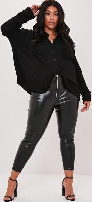 Plus Size Black Faux Leather Zip Detail Leggings