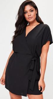 Plus Size Black Kimono Sleeve Wrap Dress