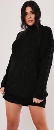 Plus Size Black Roll Neck Knitted Jumper Dress