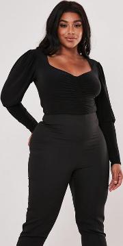 Plus Size Black Slinky Puff Sleeve Bodysuit