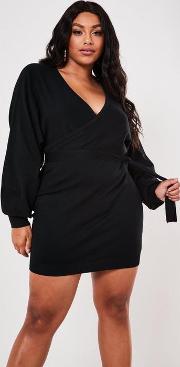 Plus Size Black Wrap Batwing Belted Mini Dress