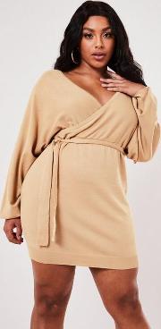 Plus Size Camel Wrap Batwing Belted Mini Dress