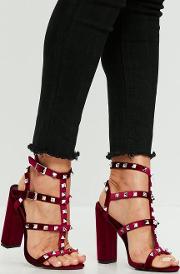 Red Velvet Studded Gladiator Sandals 
