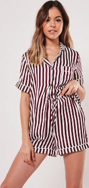Striped Satin Drawstring Bag Short Sleeve Pyjama Set