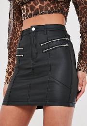 Tall Black Coated Denim Biker Detail Mini Skirt
