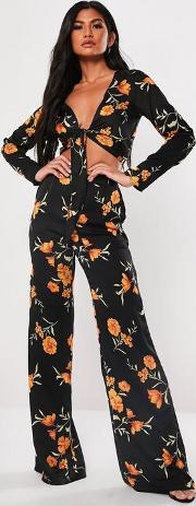Tall Black Floral Satin Co Ord Trousers