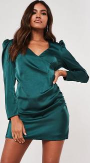 Tall Green Puff Sleeve Wrap Dress