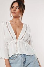 White Ladder Lace Insert Tie Front Blouse