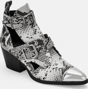 White Snake Print Patent Metal Cap Cut Out Western Ankle Boots