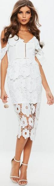 White Strappy Frill Lace Midi Dress