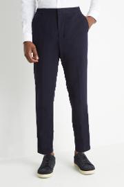 slim fit navy flannel elastic waist trousers