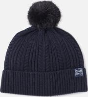 Bobble Hat Fine Cable With Faux Fur Pom French Navy
