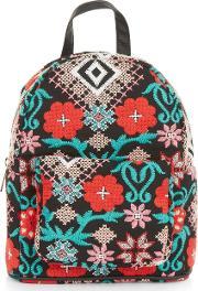 Black Floral Embroidered Mini Backpack