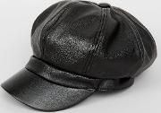 Black Leather Look Baker Boy Hat