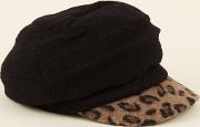 Black Leopard Print Peak Baker Boy Hat