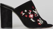 Black Suede Floral Embroidered Mules