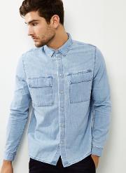 Blue Denim Double Pocket Long Sleeve Shirt