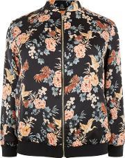 Curves Black Sateen Floral Print Bomber Jacket