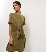 Khaki Wrap Front Short Sleeve A Line Dress 