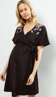 Maternity Black Floral Embroidered Wrap Front Dress