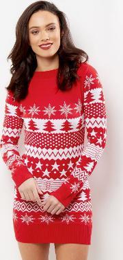 Mela Red Christmas Tree Print Dress