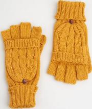 Mustard Cable Knit Flip Top Gloves