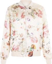 Pink Floral Print Bomber Jacket