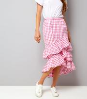 Pink Gingham Frill Trim Midi Skirt 
