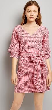 Red Gingham Ruched Sleeve Wrap Dress 