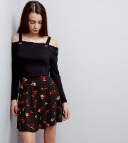 Teens Black Rose Print Skater Skirt 
