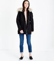 Teens Black Zip Front Faux Fur Hood Coat