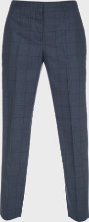 A Suit To Travel In Women's Slim Fit Petrol Blue Windowpane Check Wool Trousers 