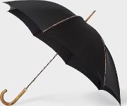 Black Signature Stripe Trim Walker Umbrella With Wooden Handle 