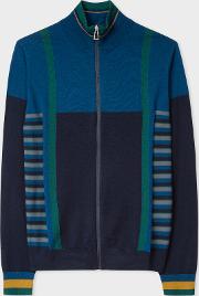 Men's Cobalt Blue Geometric Stripe Zip Through Funnel Neck Wool Cardigan 