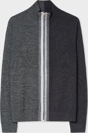 Men's Grey Colour Block Zip Through Funnel Neck Merino Wool Cardigan With Stripe Details 